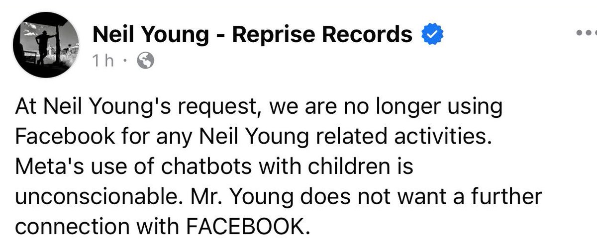 Reprise Records won't be using Facebook anymore for Neil Young's activities.  

#NeilYoung #Facebook #Meta