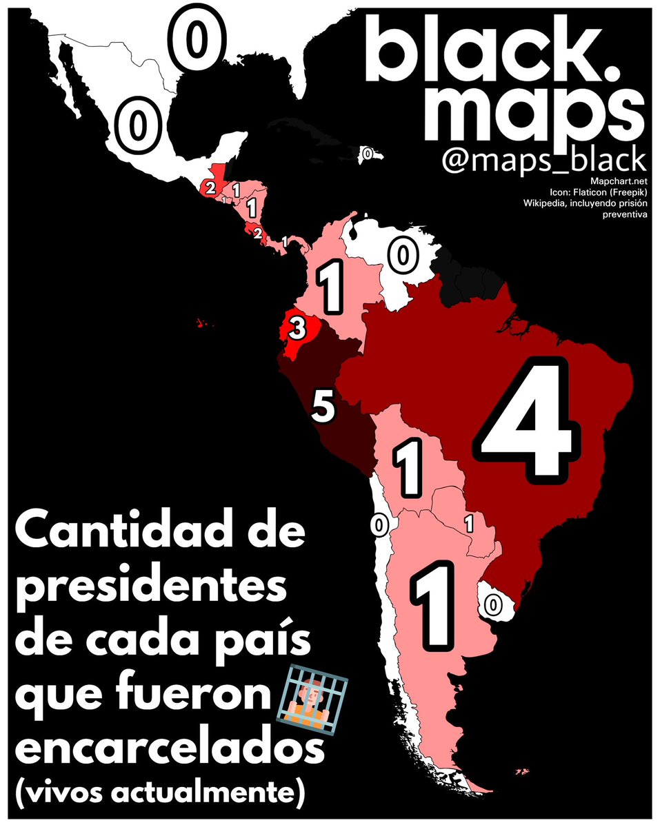 Cantidad de presidentes de cada país que fueron encarcelados (actualmente vivos)