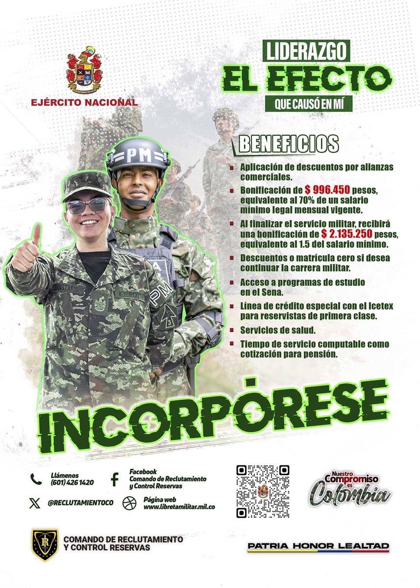 Séptima División del Ejército Nacional (@ejercito_div7) on Twitter photo Jóvenes colombianos si prestan el servicio militar en el <a href="/COL_EJERCITO/">Ejército Nacional de Colombia</a>, podrán recibir una bonificación del 70 % de un salario mínimo legal mensual vigente (SMLMV) equivalente a 996.450 pesos.
Recuerden que este es uno de los muchos beneficios que tendrán al incorporarse a Jóvenes colombianos si prestan el servicio militar en el <a href="/COL_EJERCITO/">Ejército Nacional de Colombia</a>, podrán recibir una bonificación del 70 % de un salario mínimo legal mensual vigente (SMLMV) equivalente a 996.450 pesos.
Recuerden que este es uno de los muchos beneficios que tendrán al incorporarse a