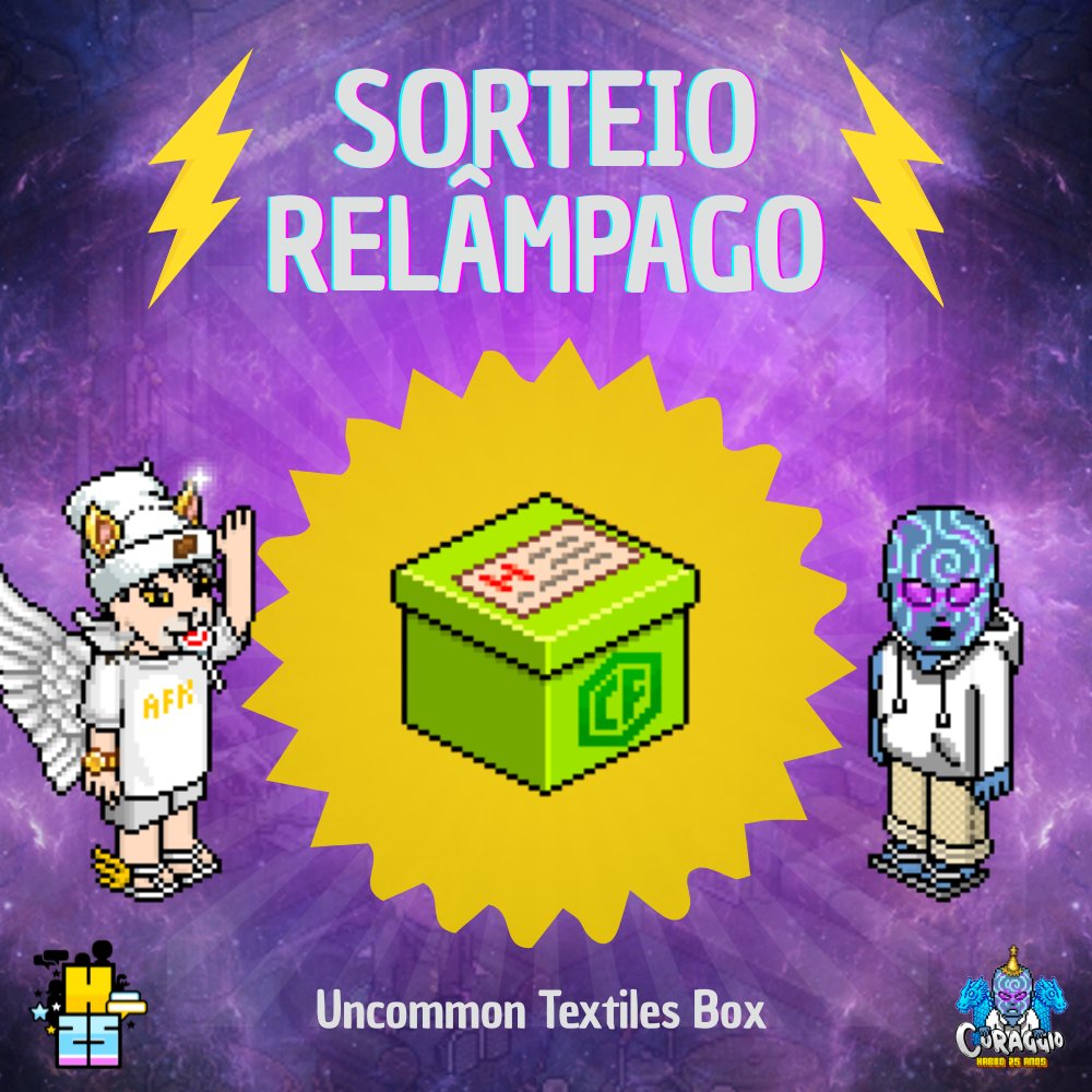 ⚡️SORTEIO RELÂMPAGO DE ANIVERSÁRIO 07⚡️

Requisitos: 
1️⃣ Seguir <a href="/CoraggioHabbo/">Coraggio</a>
2️⃣ Dar RT e FAV neste Tweet;
3️⃣ Marcar 3 amigos.

🌎: O item é NFT, então todas as comunidades do Habbo podem participar.

🏆: Uncommon Textiles Box

⚠ Fim: 16/08

#Habbo25