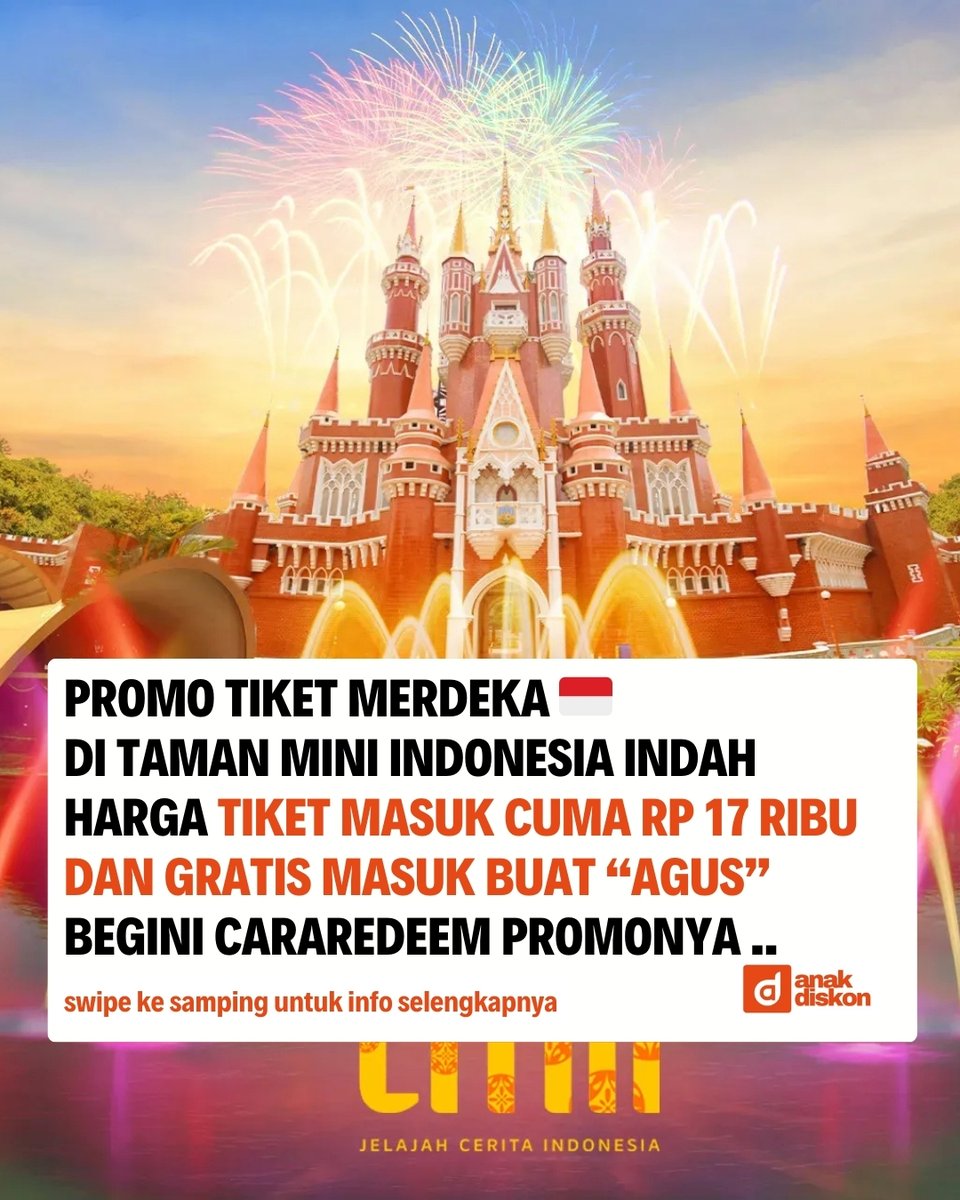 katalogpromosi's tweet image. 😱 Masuk TMII cuma Rp17.000?! 
Beneran… dan GRATIS kalau namamu ada “Agus” 🎉

Cek semua promonya di sini 👉 katalogpromosi.com/promo-tmii-mer…
#PromoMerdeka #TMII #LiburanHemat