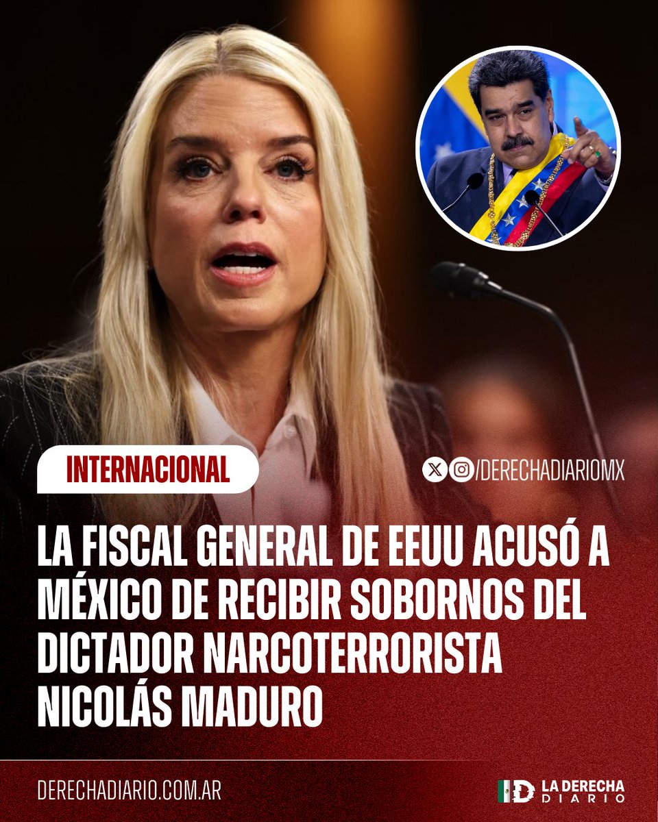 🚨🇺🇸🇲🇽🇭🇳🇬🇹🇻🇪 | EEUU ACUSA AL GOBIERNO DE SHEINBAUM DE NARCOCOMPLICIDAD CON MADURO: La fiscal general de Trump, Pam Bondi, denunció que el dictador narcoterrorista Nicolás Maduro soborna de forma reiterada a los gobiernos de México, Honduras y Guatemala para usar su espacio aéreo