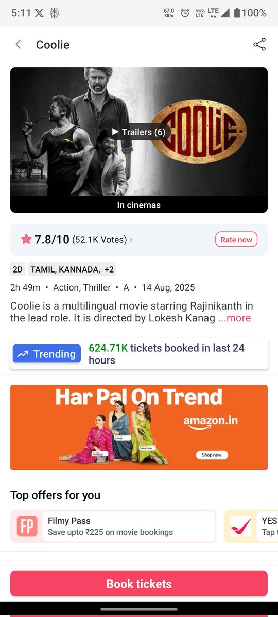 pavansankar9999's tweet image. Last 24 Hours !

#War2 - 677.94K 💥
#Coolie - 624.71K 

Screen shot At 5:13Am EST ( Aug 15th )