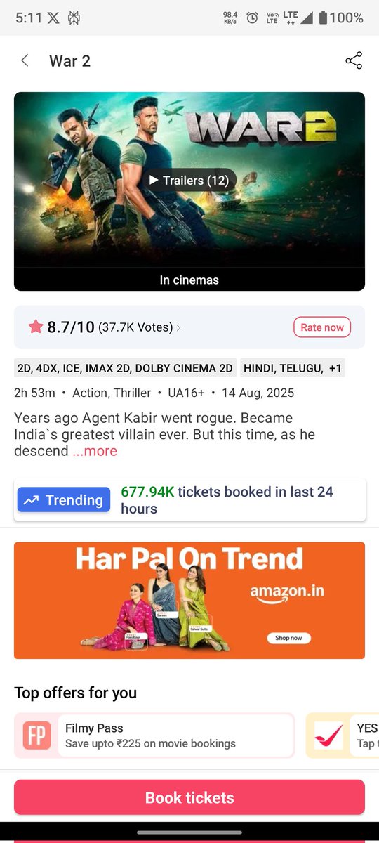 pavansankar9999's tweet image. Last 24 Hours !

#War2 - 677.94K 💥
#Coolie - 624.71K 

Screen shot At 5:13Am EST ( Aug 15th )