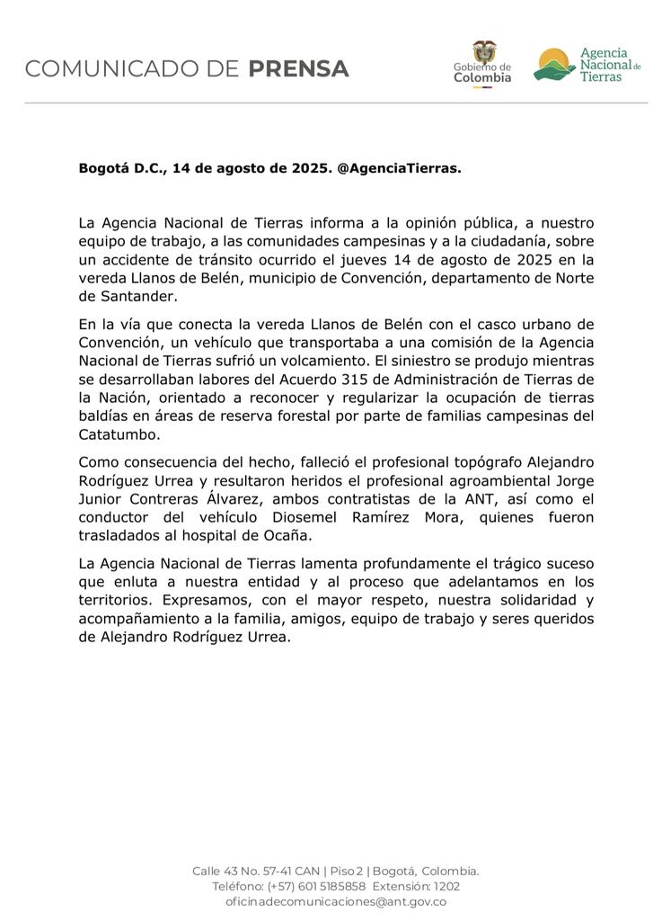 AgenciaTierras's tweet photo. Desde la ANT lamentamos profundamente el siniestro ocurrido en Convención, Norte de Santander, que cobró la vida de nuestro contratista Alejandro Rodríguez Urrea y dejó heridas a dos personas más de nuestro equipo.

Expresamos nuestra solidaridad y acompañamiento a las familias, amigos y compañeros de las víctimas de este trágico hecho que enluta a nuestra entidad y al trabajo que realizamos en los territorios.