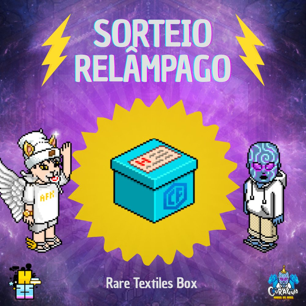⚡️SORTEIO RELÂMPAGO DE ANIVERSÁRIO 05⚡️

Requisitos: 
1️⃣ Seguir <a href="/CoraggioHabbo/">Coraggio</a>
2️⃣ Dar RT e FAV neste Tweet;
3️⃣ Marcar 3 amigos.

🌎: O item é NFT, então todas as comunidades do Habbo podem participar.

🏆: Rare Textiles Box

⚠ Fim: 16/08

#Habbo25