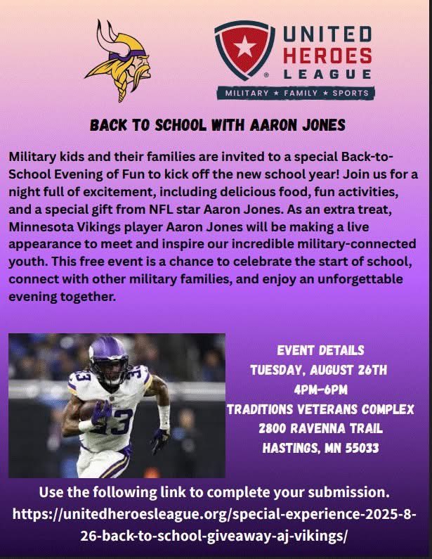 John Kriesel (@johnkriesel) on Twitter photo Military families! The United Heroes League is hosting a back to school event with <a href="/Vikings/">Minnesota Vikings</a> RB Aaron Jones in Hastings, MN. Visit this link to apply: unitedheroesleague.org/special-experi… Military families! The United Heroes League is hosting a back to school event with <a href="/Vikings/">Minnesota Vikings</a> RB Aaron Jones in Hastings, MN. Visit this link to apply: unitedheroesleague.org/special-experi…