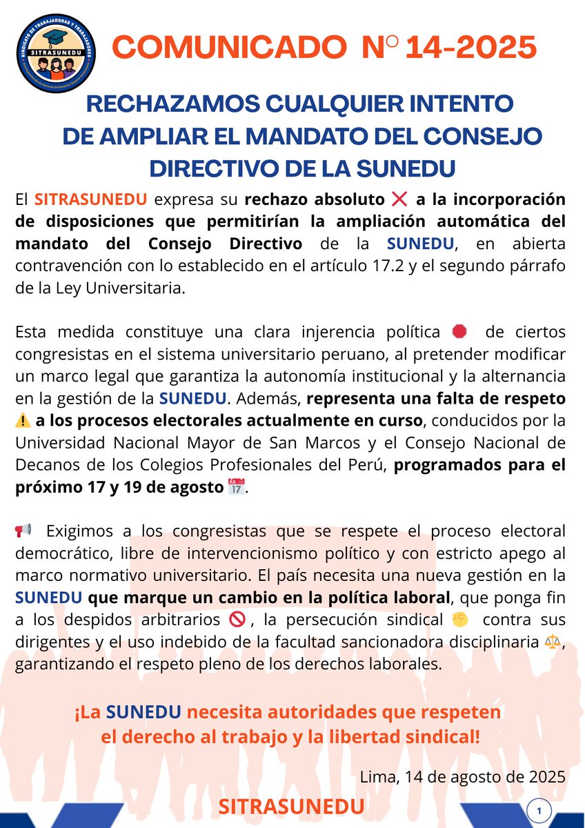¡Rechazamos cualquier intento de ampliar el mandato del Consejo Directivo de la <a href="/SuneduPeru/">Sunedu</a>!
#derechoslaborales #libertadsindical #sindicalismo