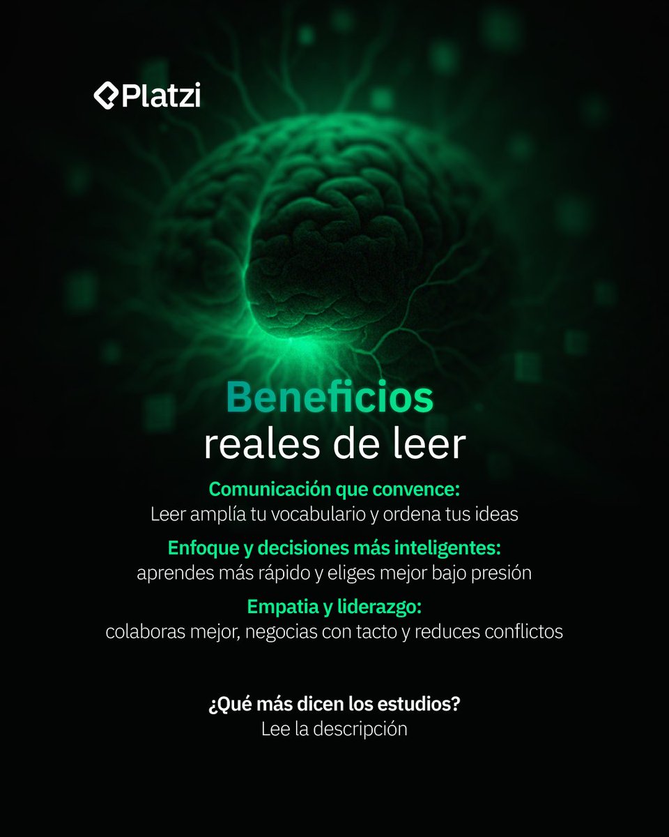 platzi's tweet photo. ¿Quieres una forma sencilla de pensar mejor, recordar más y decidir con calma? 

Leer es ese atajo.

Un estudio publicado en Science (Dehaene et al., 2010), aprender a leer reorganiza las redes del cerebro que integran visión y lenguaje—una "reprogramación" medible en neuroimagen. 

Y otro trabajo en Science Advances mostró que en solo 6 meses de alfabetización en adultos aumenta la conectividad entre la corteza visual, el tálamo y el mesencéfalo, afinando cómo el cerebro filtra y procesa la información visual.

¿Qué ocurre cuando lees? Varias redes se encienden a la vez (visión, sonido, significado y memoria), lo que favorece comprensión profunda y recuerdo. 

Incluso al leer verbos de acción, el cerebro activa zonas motoras como si "ensayáramos" la acción, un mecanismo que potencia empatía, creatividad y la anticipación de escenarios reales.

Cómo leer y no aburrirte en el proceso

 • Lee 20–25 min sin notificaciones. Al terminar, escribe en 2 líneas lo más importante y 1 acción para hoy (correo más claro, idea para la reunión, ajuste al proyecto).

 • Para capítulos largos, prioriza papel: en promedio favorece la comprensión frente a la pantalla (meta-análisis).

 • Si lees con niños, haz lectura dialogada (preguntas abiertas, conectar con su vida); es una recomendación formal de la Academia Americana de Pediatría.