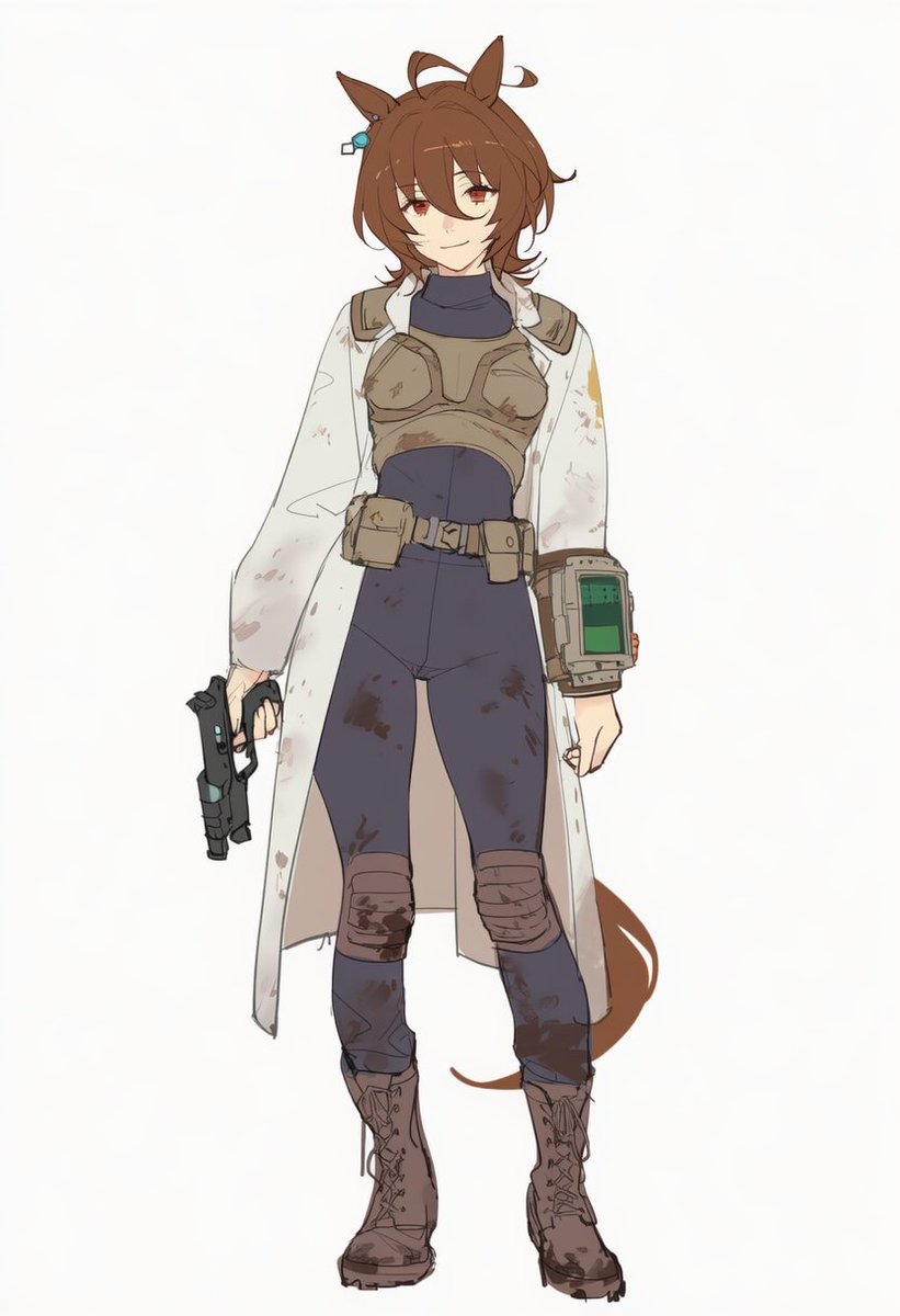#ウマ娘falloutダービー
アグネスタキオン
元エンクレイヴだったが外の世界に憧れて一人で飛び出した。ウマ娘特有の脚力で逃げ回っているので捕まることはない（らしい）。インチキ染みたトニックを合成しては、人を騙して飲ませているともっぱらの噂。得物は特製のレーザーピストル。