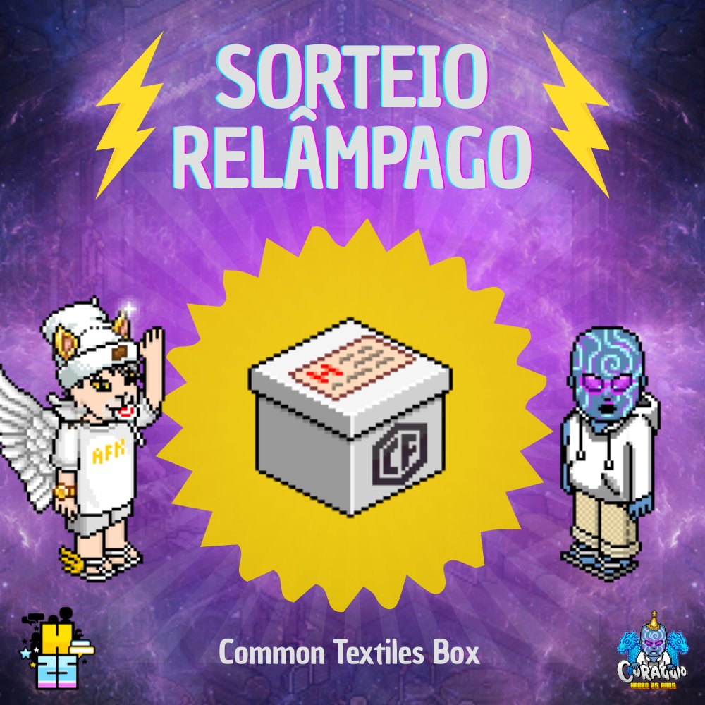 CoraggioHabbo's tweet photo. ⚡️SORTEIO RELÂMPAGO DE ANIVERSÁRIO 15⚡️

Requisitos: 
1️⃣ Seguir @CoraggioHabbo
2️⃣ Dar RT e FAV neste Tweet;
3️⃣ Marcar 3 amigos.

🌎: O item é NFT, então todas as comunidades do Habbo podem participar.

🏆: Common Textiles Box

⚠ Fim: 16/08

#Habbo25 https://t.co/23pEh1Vc4L
