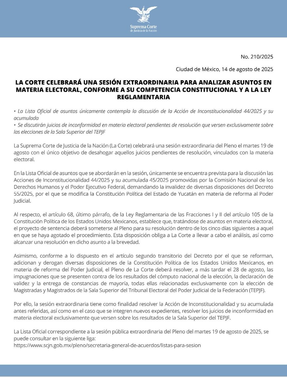 SCJN's tweet photo. 🚨#Atención El próximo 19 de agosto #LaCorte tendrá Sesión Extraordinaria, únicamente resolverá asuntos electorales, pues tanto la Constitución como la ley reglamentaria establecen plazos específicos para solucionarlos.
https://t.co/DKXkd7bFuk https://t.co/LVyZE7xyUh