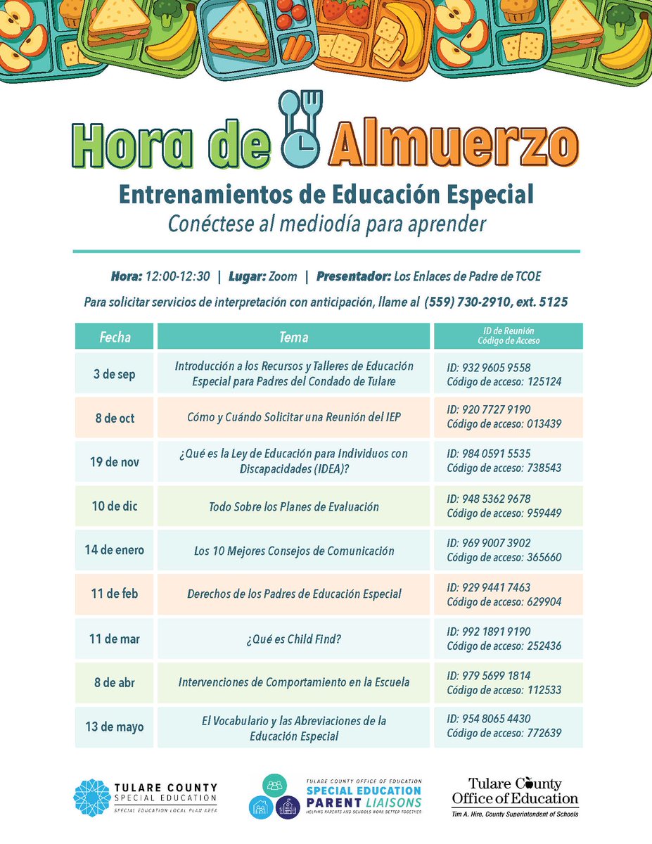 TCOE's Special Education Parent Liaisons are pleased to announce their Lunch Break trainings for the 2025-26 school year. These trainings are quick, 30-minute Zoom sessions held at noon. Call in advance for Spanish translation services. Visit tcoe.org/SpecialEducati….