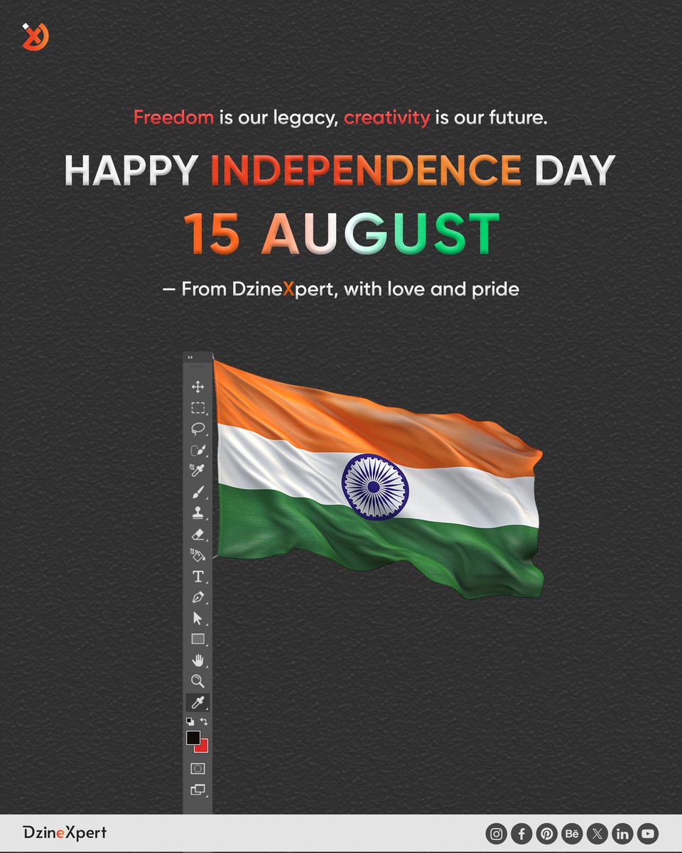 DzineXpert's tweet photo. This Independence Day, let’s honor the spirit of our nation and design a brighter tomorrow.

— From DzineXpert, with love and pride.

#HappyIndependenceDay #ProudToBeIndian #15August2025 #MadeInIndia #CelebrateIndia #Branding #GraphicDesign #CreativeBranding #Jabalpur https://t.co/F7I0iO9iJr