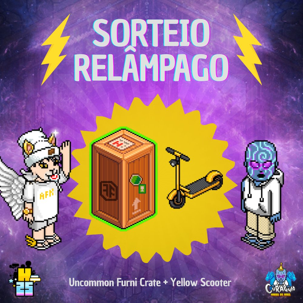 ⚡️SORTEIO RELÂMPAGO DE ANIVERSÁRIO 11⚡️

Requisitos: 
1️⃣ Seguir <a href="/CoraggioHabbo/">Coraggio</a>
2️⃣ Dar RT e FAV neste Tweet;
3️⃣ Marcar 3 amigos.

🌎: O item é NFT, então todas as comunidades do Habbo podem participar.

🏆: Uncommon Furni Crate + Yellow Scooter

⚠ Fim: 16/08

#Habbo25