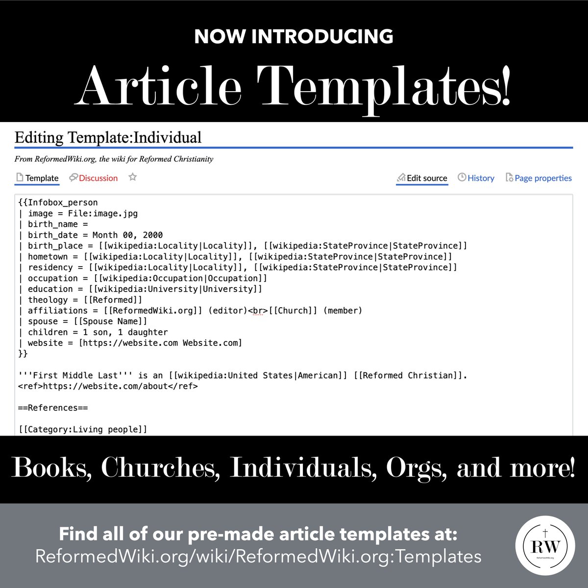 ReformedWiki's tweet photo. The https://t.co/fPqzAf93oU team has developed some pre-made templates to make it easier for users creating new articles! Check them out!
https://t.co/k6KzWtRWMO https://t.co/K5Q4Ohea59