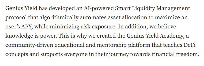 In Dec 3, 2021, <a href="/GeniusyieldO/">Genius Yield official</a> Managing Partner Dr. Sothy Kol-Men announces to the world: "GY has developed an AI-powered Smart Liquidty Management Protocol"

Published by GY itself (link below)

Fast forward to August 2025.... NOTHING