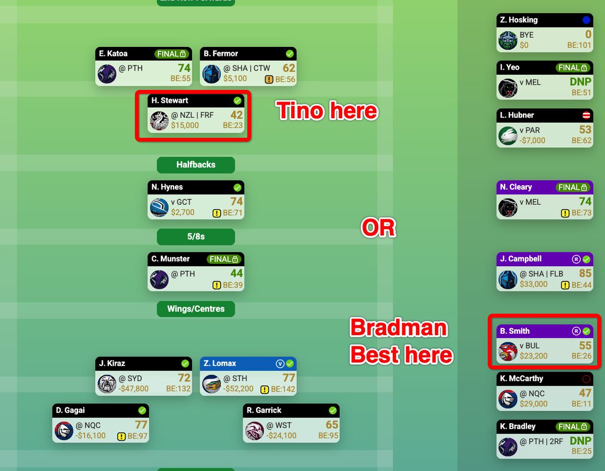 myspacelegend's tweet image. Hey @SuperCoachNRL community, what would you do here to try and win a h2h? Tino into  3rd 2rf (sell Hubner) or Bradman Best into 5th CTW (sell McCarthy)?

@antonposa @SCWhisperer @Benwithnonumber @SCSpy1 sorry for the pings, but damn I have no idea!
