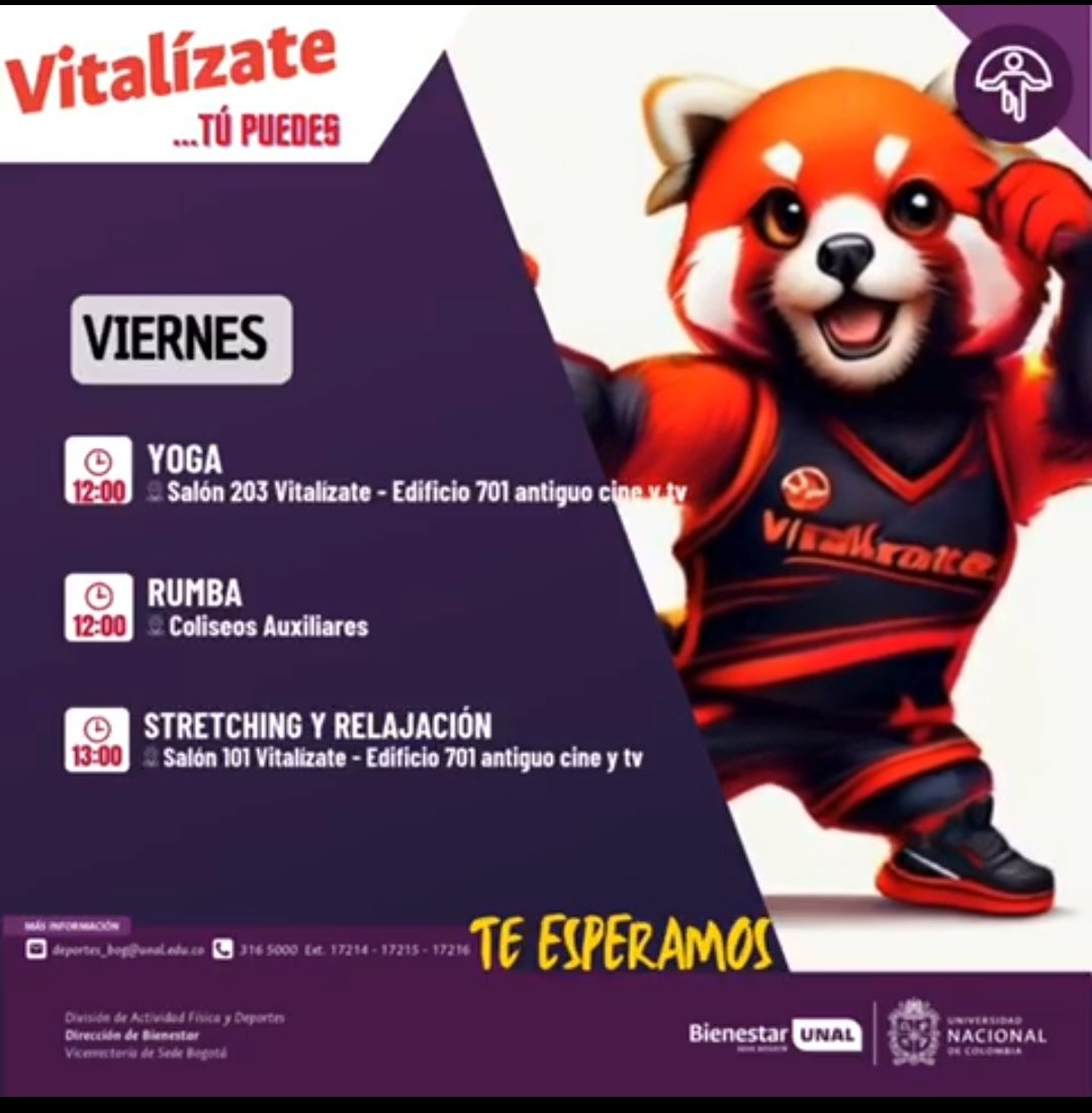 Llega el viernes y Vitalizate lo sabe…

Tú Puedes... Te esperamos

#SoyVitalizate #VitalizateTuPuedes #SomosBienestar #SomosUNAL #SomosActividadFisica #ComunidadUNAL #CadaMinutoCuenta