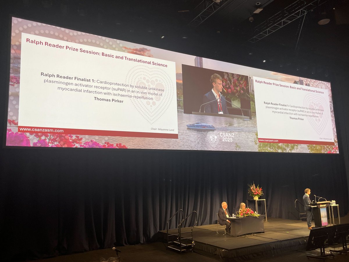 ISHR_AUS's tweet photo. Ralph Reader Basic &amp; Translational Prize session finalist Thomas Pirker presenting at #CSANZ2025. Thomas Pirker @tamati5555 is exploring the role of soluble urokinase plasminogen activator receptor (suPAR) in myocardial function. 🫀✨ https://t.co/aY0uankzAM