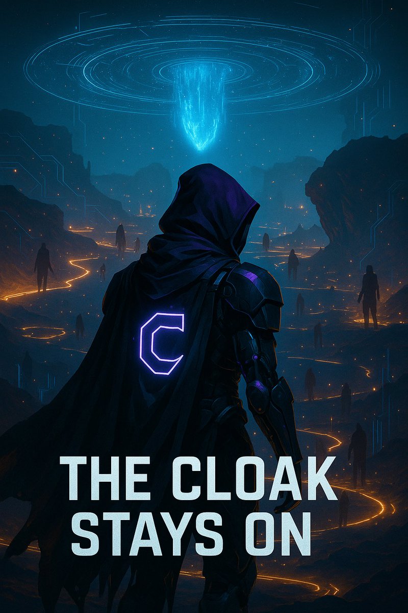 C 문양이 있는 망토를 쓴 인물의 SF 아트워크, 텍스트 'THE CLOAK STAYS ON'