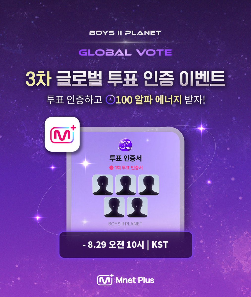 mnetplus's tweet photo. [BOYS II PLANET] 3차 글로벌 투표 인증 이벤트🎁

엠넷플러스에서 3차 글로벌 투표하고 
필수 해시태그와 함께 투표 인증서 이미지를 공유해주세요!

추첨을 통해 88명에게 100 알파 에너지를 드립니다🔥

3차 글로벌 투표하러 가기! 
👉 https://t.co/PWTBJdEcYY 

[참여방법]
➊ 엠넷플러스에서 3차 글로벌 투표 참여하고 투표 인증서 이미지 캡쳐!
➋ 𝕏(트위터) 답글로 필수 해시태그와 투표 인증서를 업로드해주세요! 

[필수 해시태그]
#BOYS2PLANET #3rdGlobalVote #MnetPlus

[이벤트 경품]
🎁 100 알파 에너지 (88명)

[이벤트 기간]
~2025.08.29(금) 오전 10시 | KST

*투표는 5명의 참가자를 선택해야 완료됩니다.
*투표 기간 중 한 ID 당 1일 1회 투표 가능하며, 매일 00:00(KST)부터 다시 투표할 수 있습니다.
*안정적인 투표를 위해 최신버전 앱으로 업데이트 후 참여해 주시기 바랍니다.
*이미지 도용 확인을 위해 당첨자에게는 이벤트에 참여한 투표 인증서 원본 이미지를 요청할 예정입니다. 

#BOYS2PLANET #보이즈2플래닛 #보2플 #BOYSPLANET #보이즈플래닛 #Mnet #MnetPlus #엠넷 #엠넷플러스 
@mnetplus @MnetKR @_mnetboysplanet @boys2planet_c