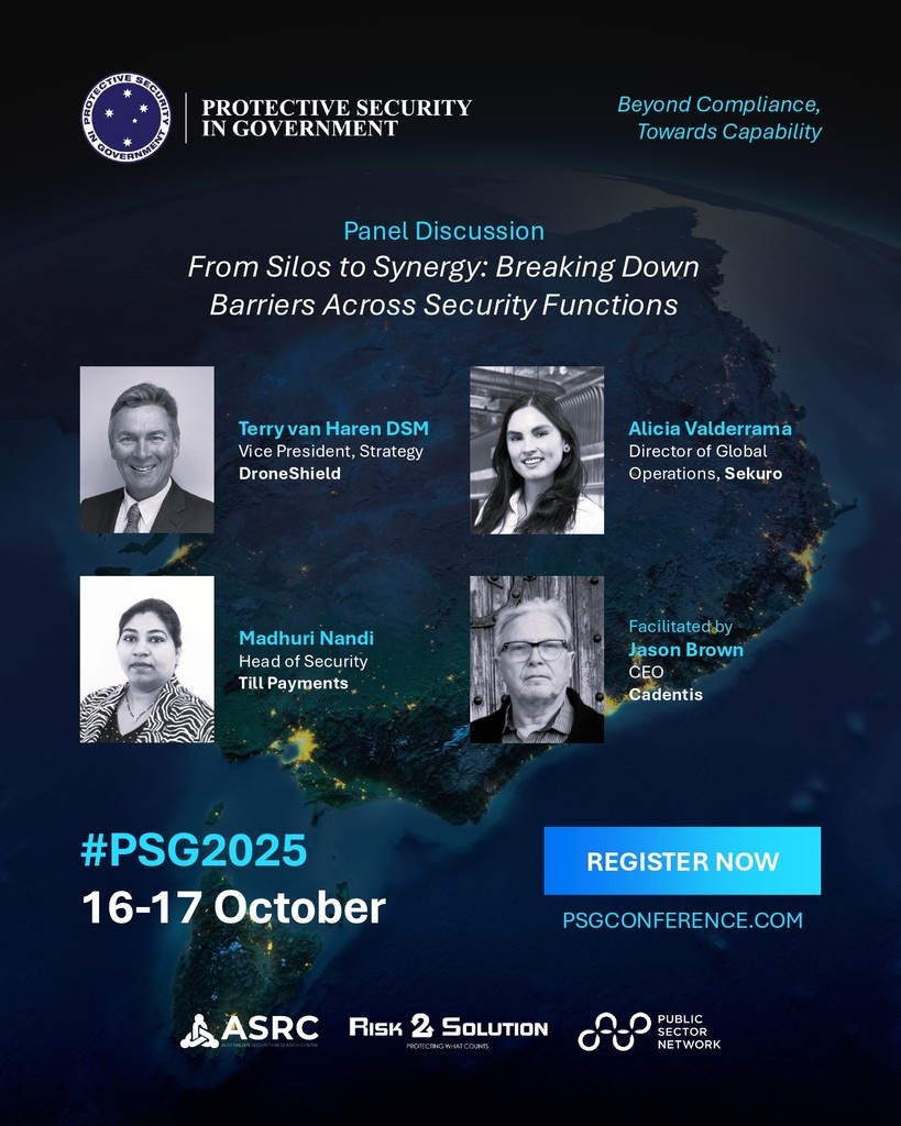 psgconference's tweet photo. At #PSGConference2025, join Terry van Haren DSM, Alicia Valderrama &amp; Madhuri Nandi – facilitated by Jason Brown for a powerful panel on aligning cyber, physical &amp; operational security.

🎟️ Register: https://t.co/aku0ZYzsH8

#ProtectiveSecurity #Leadership #AUKUS https://t.co/S1ePAGHs5H