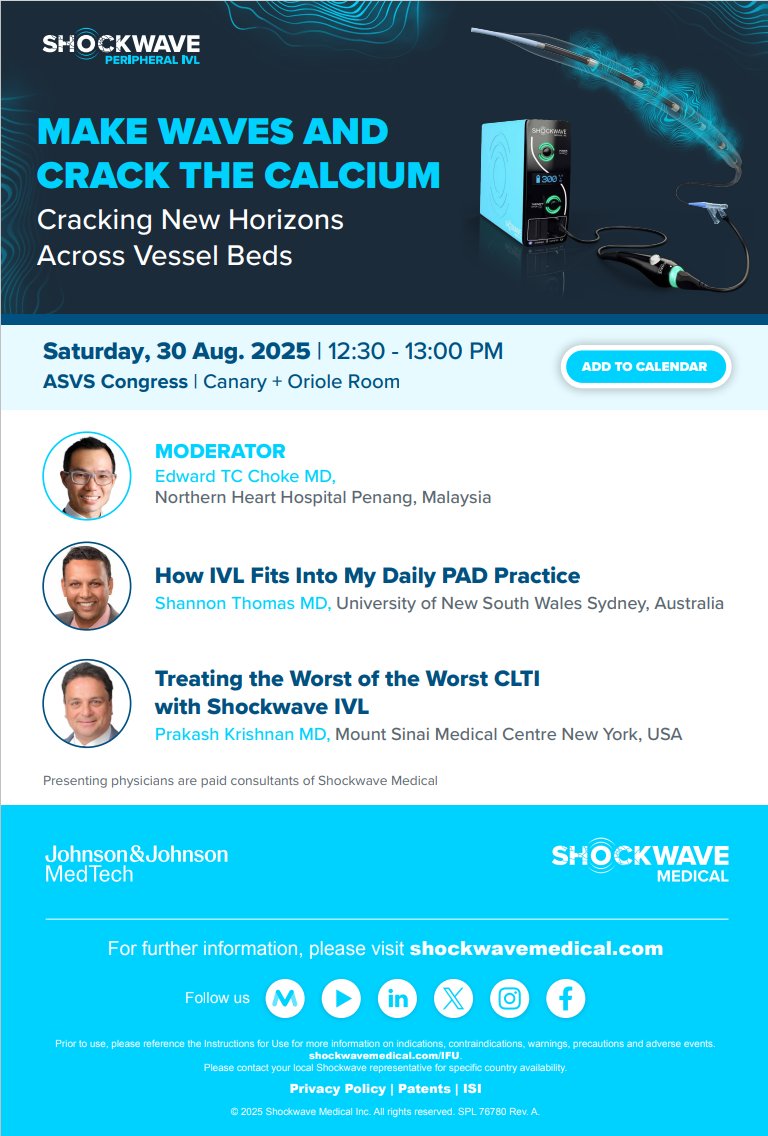 ShockwaveIVL's tweet photo. Next week, don’t miss the #ShockwaveIVL symposium at #ASVS Singapore! Join this engaging discussion to learn from expert physicians how Shockwave IVL is transforming care for patients with complex PAD.
US Rx only. ISI https://t.co/sZ0NdzXNcV https://t.co/5X7KGeOBFX