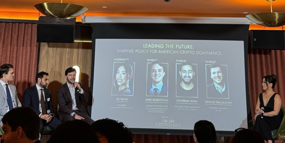 thatgerald's tweet photo. The future of Crypto in America is predictable rules for innovation in the deepest capital markets in the world.

Thanks for a great discussion at the NYC Crypto Gala @whizwang @KhurramDara @mjrob_ https://t.co/s62bBq2Fb1
