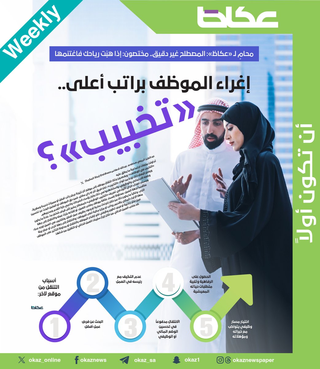 إغراء الموظف براتب أعلى.. «تخبيب»؟

محامٍ لـ «عكاظ»: المصطلح غير دقيق.. مختصون: إذا هبّت رياحك فاغتنمها

<a href="/arabiue/">عبدالعزيز الربيعي</a> <a href="/aldhass/">عبدالله دحيم الدهاس</a>
#عاجل
للإطلاع على التفاصيل: 👇👇
okaz.com.sa/investigation/…