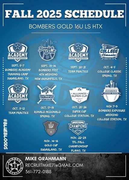 Fall schedule is out!!! Looking forward to a great fall with <a href="/BombersLonestar/">Bombers 18u LS, 16u HTX/CTX/CC, 14u LS SETX</a> 💯💯<a href="/GrahmannMichael/">Michael Grahmann</a> <a href="/HalataBrian/">Brian Halata</a> <a href="/RPHS_SoftballG/">Ridge Point Softball</a>