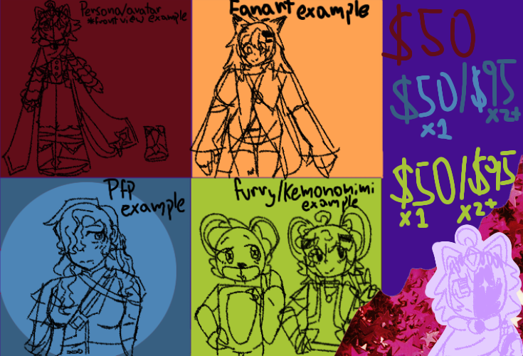 Charsarian's tweet photo. ART COMMISSIONS! I'm new at this so be patient, I have a list of things I won't draw, these examples won't reflect the final product, prices depends on the amount of char
1 char in the piece costs $50USD, 2 or more costs $95USD.
DM me if interested or if you have any questions!. https://t.co/GWLFrX9xfk