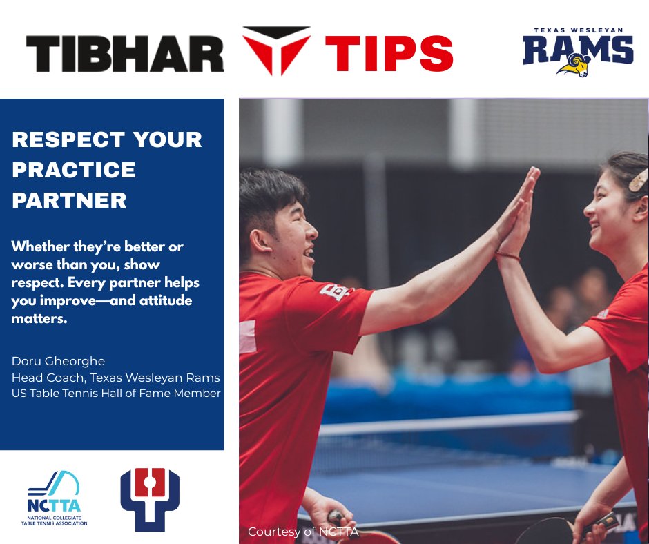 🏓 Tibhar Tip: Respect Your Practice Partner

Every partner helps you improve—better or worse. Show respect and keep training positive.
From Coach Doru Gheorghe
🔗 bit.ly/PP-Tibhar-Gear

#TibharTip #PaddlePalace #TibharUSA #RespectTheGame #NCTTA