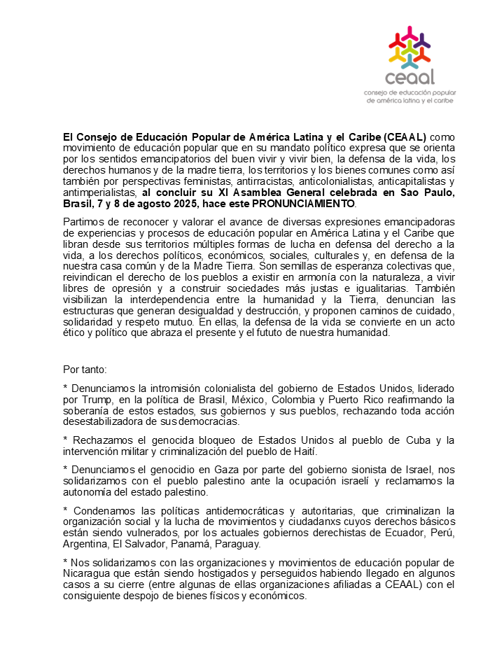 CEAAL2's tweet photo. CEAAL como movimiento de educación popular comparte el PRONUNCIAMIENTO elaborado en el marco de su XI Asamblea General celebrada en Sao Paulo, Brasil, los días 7 y 8 de agosto 2025. https://t.co/xdwlGUbURu