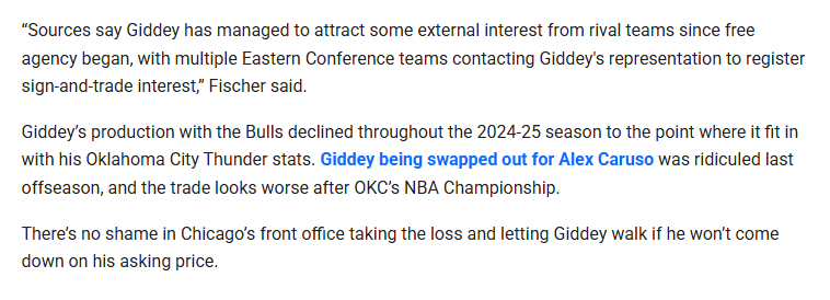 Hey <a href="/SInow/">Sports Illustrated</a> - Was this created by AI/Chatgpt?  It is very odd.

Giddey's production with the Bulls declined through the 24/25 season?   Also, not sure how the trade looks worse.  Bulls were not going to championship with or without Caruso.