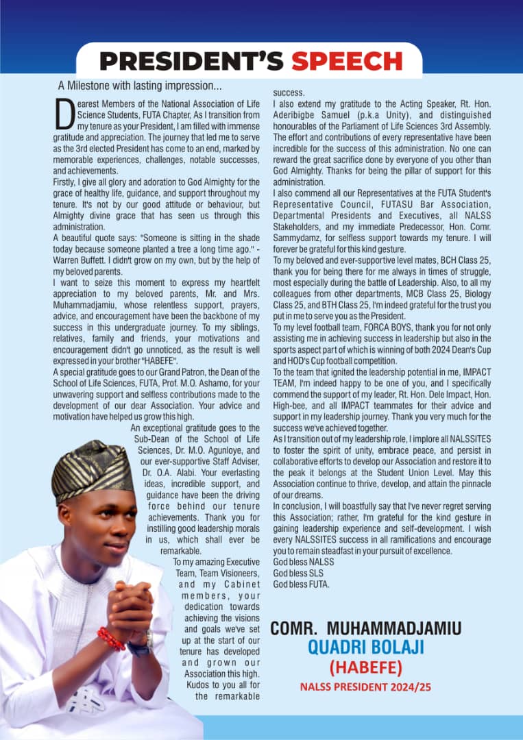 NALSS_FUTA's tweet image. The President's FAREWELL SPEECH!

_A Milestone with lasting impression...._

#NALSS_FUTA #ImpactfulLeadership
#ThePerfectChoice
#TeamVisioneersLegacy