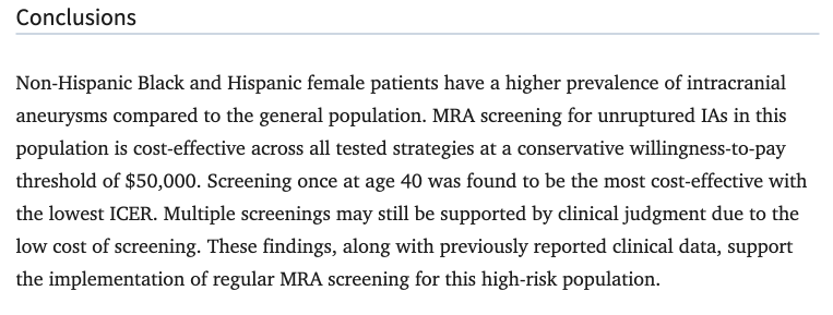DavidAltschulMD's tweet photo. Screening black and hispanic women over 40 with risk factors for brain aneurysms is cost effective! @SNISinfo @AANSNeuro @CNS_Update @cvsection @CMSGov 

https://t.co/wSL0bYzfIZ https://t.co/zsPlA6xdxM