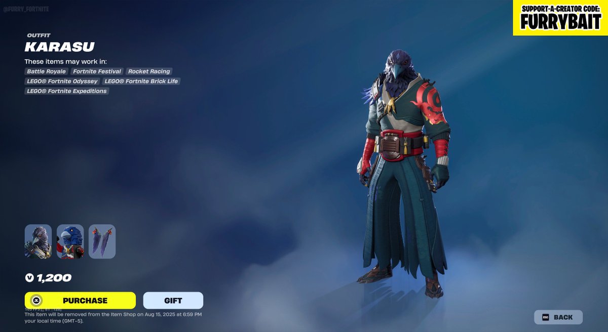 furry_fortnite's tweet photo. Karasu, from the Crow Guide set, is back on the Item Shop for the second time since he released! No sign of Corvida, their shared bundle, or any items from that set though.

Use code FURRYBAIT on the Item Shop to support us! #EpicPartner #FurryFortnite https://t.co/sihP1l3uzy