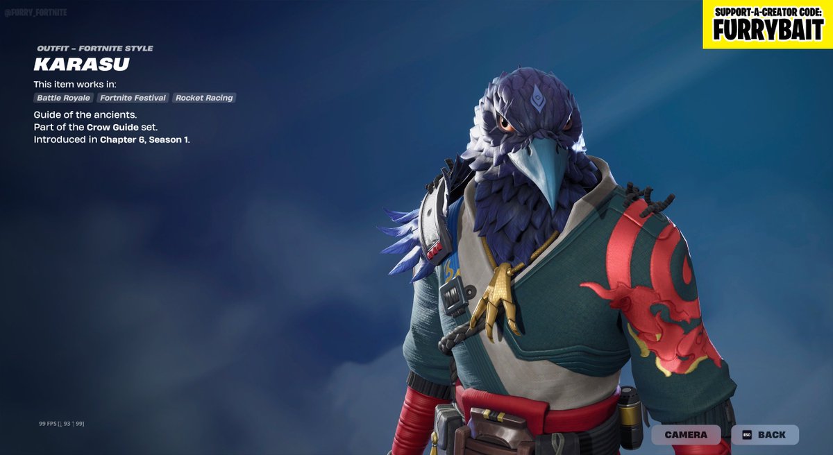 furry_fortnite's tweet photo. Karasu, from the Crow Guide set, is back on the Item Shop for the second time since he released! No sign of Corvida, their shared bundle, or any items from that set though.

Use code FURRYBAIT on the Item Shop to support us! #EpicPartner #FurryFortnite https://t.co/sihP1l3uzy