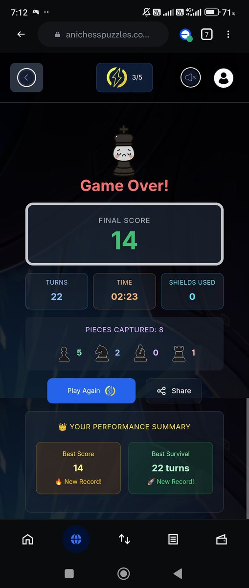 dicka_riyan's tweet image. First Play King&apos;s Gambit
My final score is just 14😅

I see other people can reach hundreds of Scores
Give me some tips 
#Anichessgame 
$CHECK