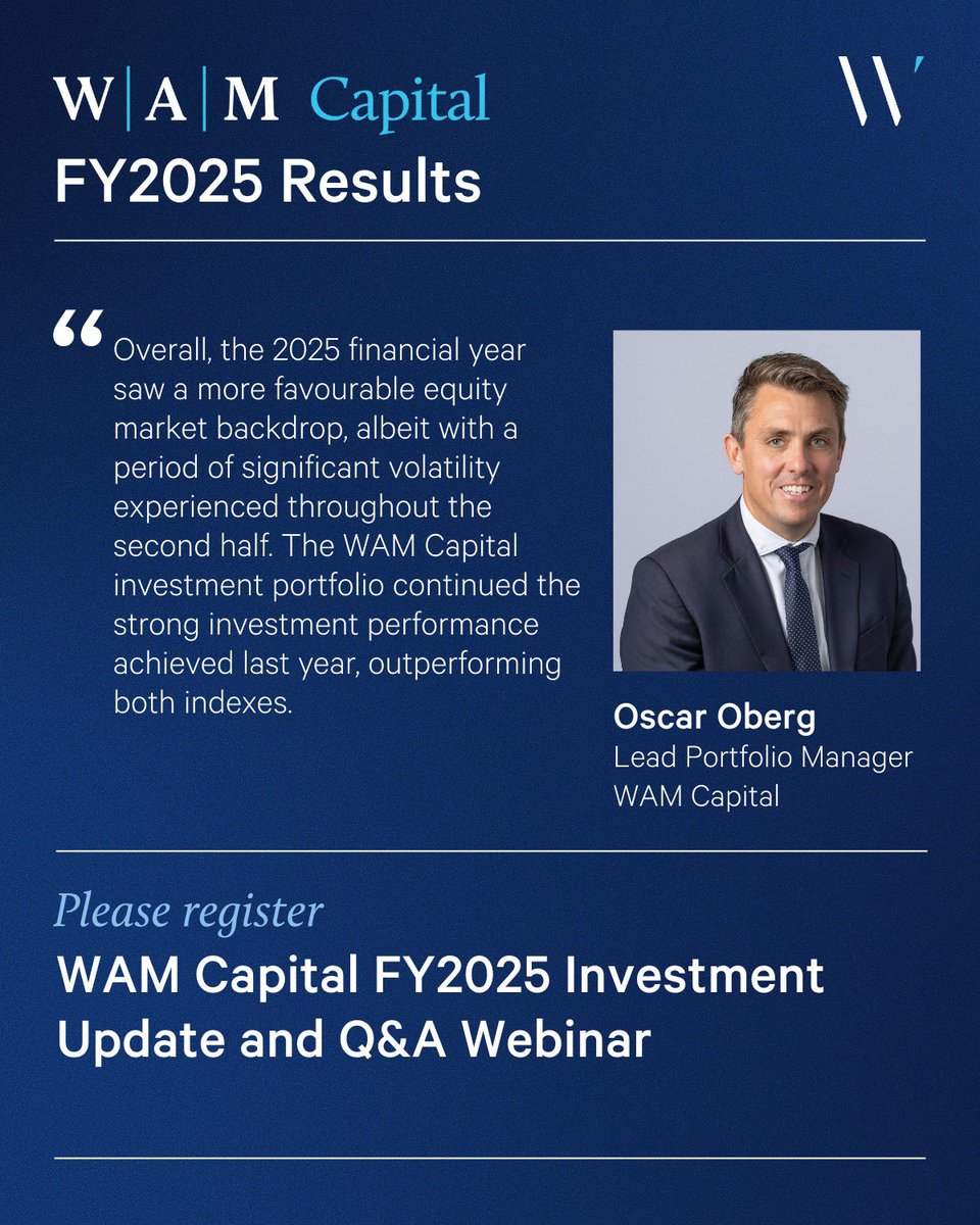 WAM Capital’s $WAM investment portfolio continues its strong performance outperforming both indexes in FY2025. This performance allowed the Board to maintain the current full year dividend. 
wilsonassetmanagement.com.au/register-for-t…