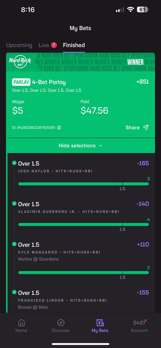 Urban_Shocker87's tweet image. BANG! S/O to @Covers_josh for helping with the lindor pick. Hardrock had Soto +2.5 HRR 

Personally wasn’t entirely sure about the manzardo pick but you gotta trust the process and ride with the #stackman