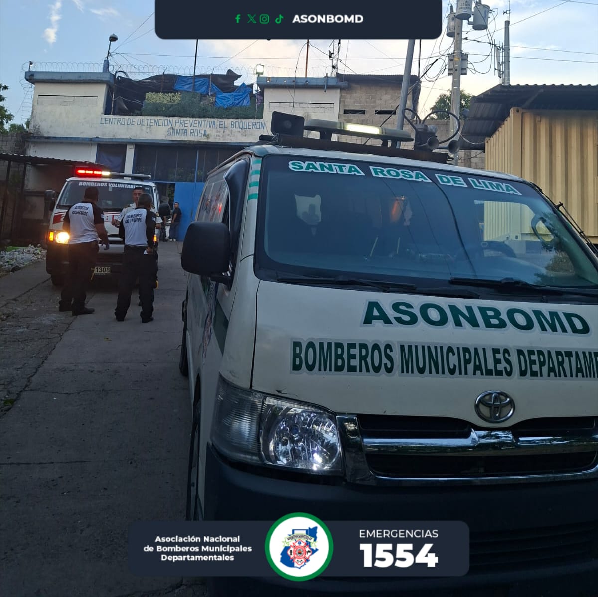 🚨 #EmergenciaCBMD | PREVENCIÓN POR MOTÍN 

➡️ El personal de Bomberos Municipales Departamentales de la estación de Santa Rosa de Lima se encuentra en calidad de prevención debido a un motín en la Cárcel El Boquerón, ubicada en Cuilapa, Santa Rosa. 

‼️ Este es el tercer motín