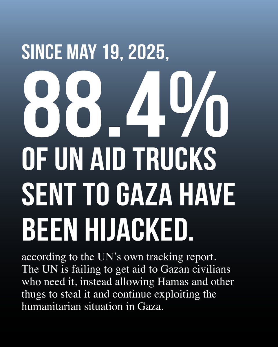 88.4% of UN aid trucks that entered Gaza since mid-May have been hijacked and looted instead of reaching their destinations. The UN is failing to get aid to the civilians in Gazans who need it, instead allowing Hamas and other thugs to continue exploiting the humanitarian crisis