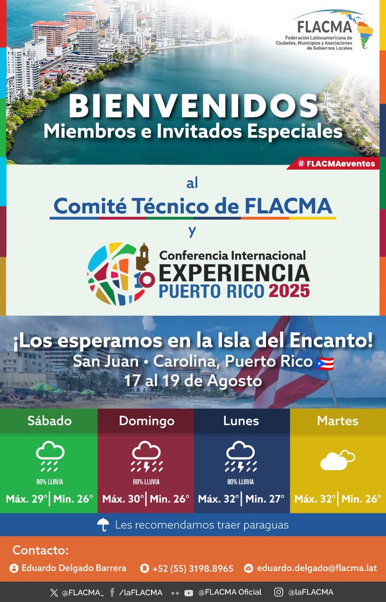 FLACMA_'s tweet photo. Sean bienvenidos Alcaldes, Dirigentes e Invitados Especiales al Comité Técnico y #ExperienciaPuertoRico que el domingo inicia en la Isla del Encanto, San Juan🇵🇷

Gran agenda municipalista, foro de nivel continental e invitados de Norte, Centro y Sudamérica

#UnidadLatinoamericana https://t.co/yakUon5G0b