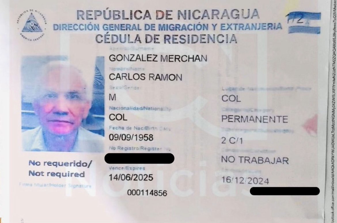 Sebastián Nohra (@sebastiannohra) on Twitter photo Presidente, con gusto:
📌Carta de su embajada en Managua solicitando a la cancillería de Nicaragua regularizar la residencia del “compañero” Carlos Ramón González.
📌Respuesta de Nicaragua
📌 Cédula de residencia
Vía <a href="/Maryaristizabal/">Maritza Aristizábal</a> de <a href="/NoticiasRCN/">Noticias RCN</a> Presidente, con gusto:
📌Carta de su embajada en Managua solicitando a la cancillería de Nicaragua regularizar la residencia del “compañero” Carlos Ramón González.
📌Respuesta de Nicaragua
📌 Cédula de residencia
Vía <a href="/Maryaristizabal/">Maritza Aristizábal</a> de <a href="/NoticiasRCN/">Noticias RCN</a>