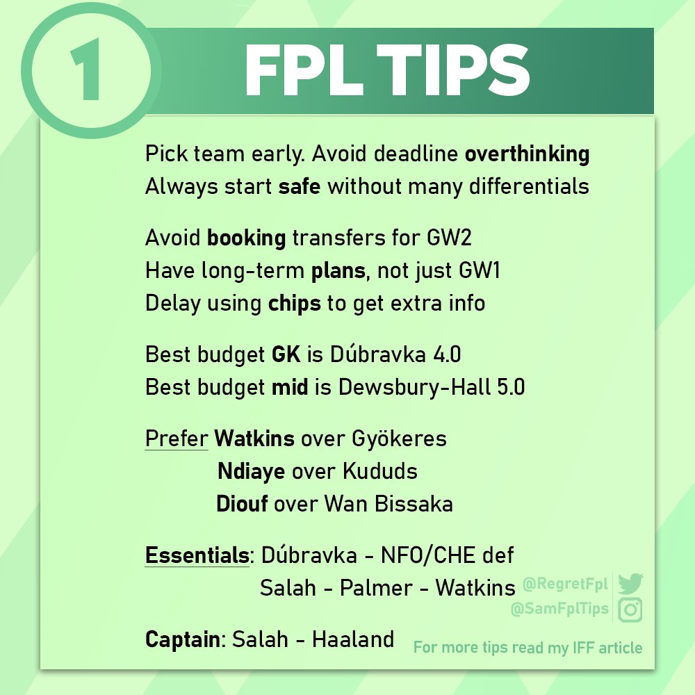 RegretFpl's tweet photo. 🚨 #𝗙𝗣𝗟 𝗧𝗜𝗣𝗦 𝗙𝗢𝗥 #𝗚𝗪𝟭 🚨

Your essential tips are back 👇 https://t.co/pRZSwhHRCQ