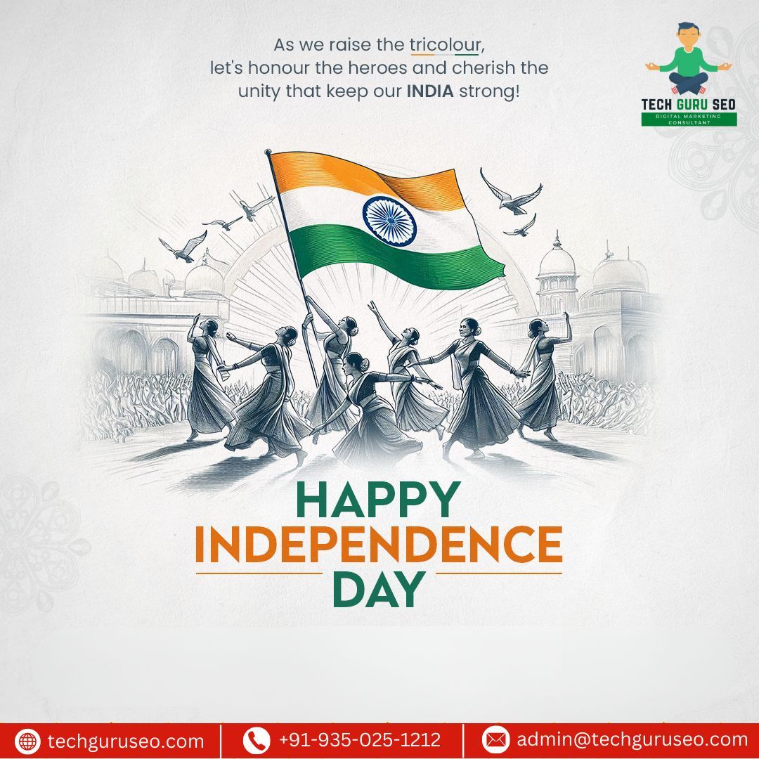 TechGuruSeo's tweet photo. 🇮🇳 Tech Guru SEO wishes you a Happy #IndependenceDay2025!
Let’s honour our heroes &amp; celebrate the unity that makes India strong. 💪
#ProudToBeIndian #JaiHind #UnityInDiversity #TechGuruSEO https://t.co/ORChsE9MaG