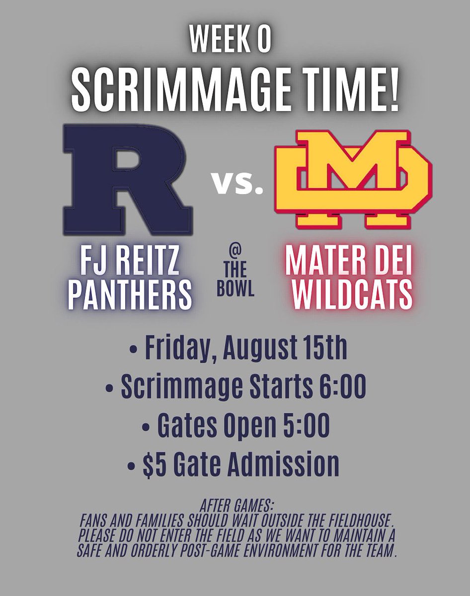 FJReitzFootball's tweet photo. It’s week 0 and that means scrimmage time! Our Panthers will take on our west side foes at Reitz Bowl on Friday at 6:00. The goal is to compete and get better! We hope both teams stay healthy and are well prepared for week 1! Go Panthers! #SetRstandard #PantherPride🐾🏈 https://t.co/7tA7jXTg14