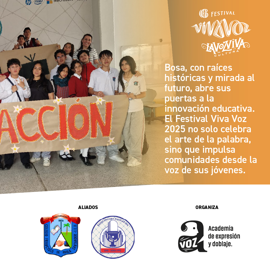 Bosa vibra con el #VivaVoz2025 🎤 300 jóvenes exploran la comunicación, el arte de la voz y el podcast con referentes de México y Perú. Un laboratorio de creatividad y crecimiento en el Colegio Francisco de Paula Santander IED.
👉 Lee más: festivalvivavoz.com/noticias-viva-… #TalentoSemilla